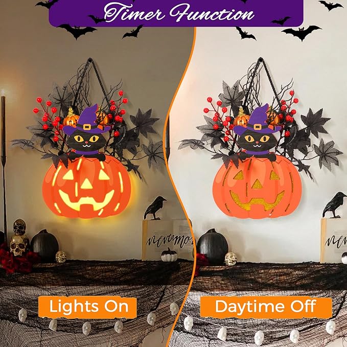 Halloween Pumpkin Decorations, Lighted Jack-O-Lantern with Maple Leaves Berries Black Cat, Halloween Door Sign Wood Pumpkin Lights for Front Door Indoor Outdoor Yard Party Cartoon Hanger Decor-Ruum Studio Home