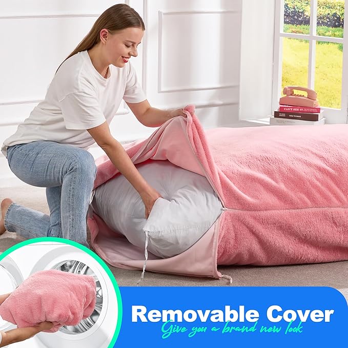 Hobestluk 3 in 1 Bean Bag Chair Giant Bean Bag Chairs for Adults with Chevron Plush Fur Cover Convertible Bean Bag Floor Cushion with Machine Washable Cover for Living Room (Plush Pink)-Ruum Studio Home