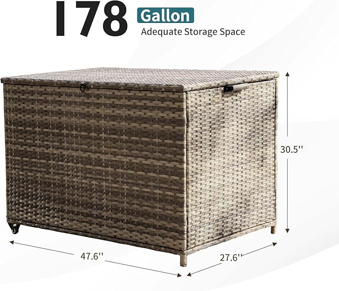 178 Gallon Outdoor Storage Box, Patio Deck Box with 2 Wheels, Handle Large Portable Wicker Rattan Deck Box for Patio Furniture Cushions, Throw Pillows, Garden Tools and Pool Floats (Gray)-Ruum Studio Home