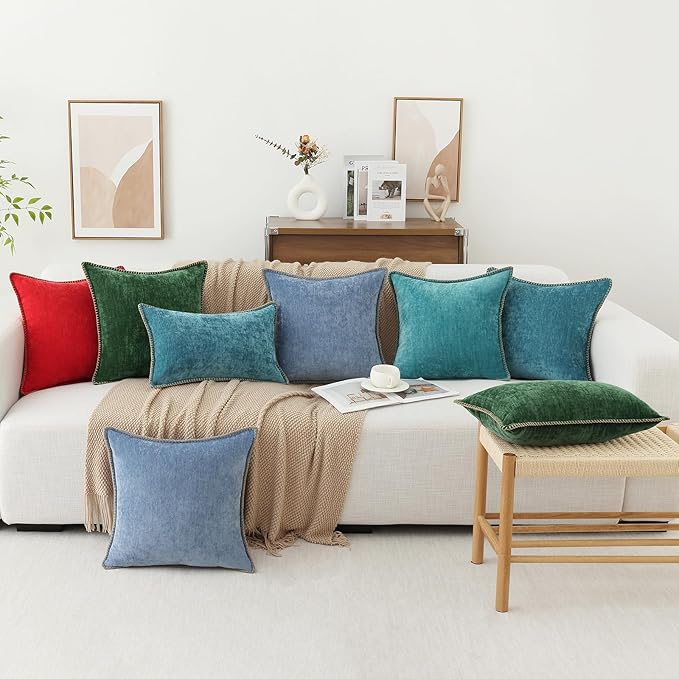 decorUhome Chenille Soft Throw Pillow Covers 20x20 Set of 2, Farmhouse Velvet Neutral Decorative Euro Pillow Covers with Stitched Edge for Couch Sofa Bed Home Decor, Turquoise-Ruum Studio Home