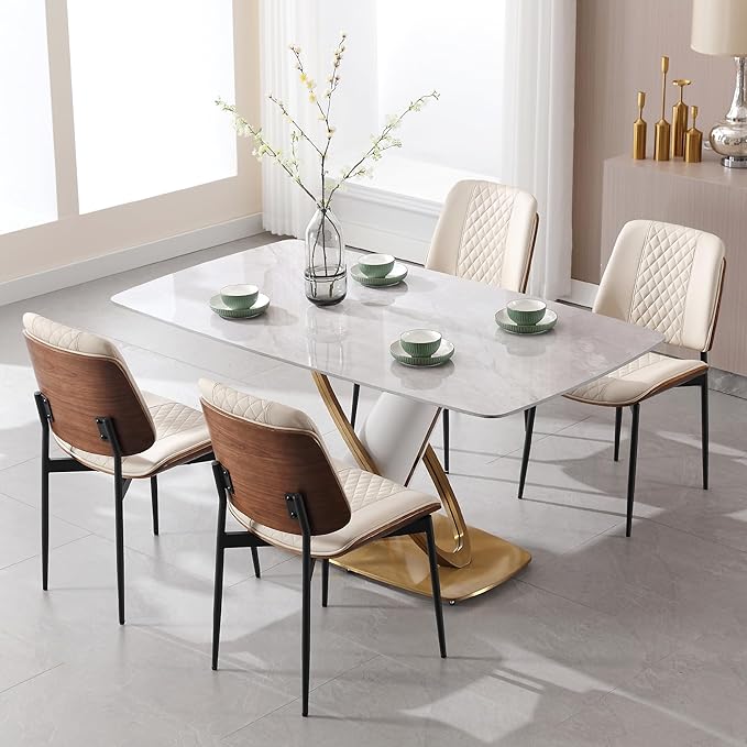 BV Dining Chairs Set of 6, PU Leather Armless Kitchen Chair in Modern Walnut Style, Mid Century Bentwood Side Chair with Metal Legs, Retro Accent Guest Chair for Kitchen Dining Room(Beige)-Ruum Studio Home