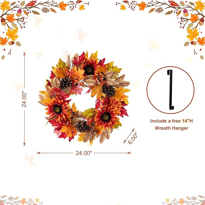 Glitzhome 24''D Fall Wreath with Hanger, Artificial Autumn Wreath for Front Door with Sunflower, Pinecone and Berry, Harvest Wreaths Decor for Indoor Outdoor Holiday Decoration-Ruum Studio Home