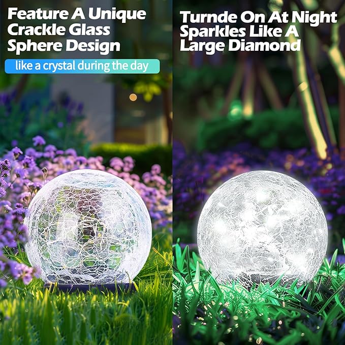 Garden Solar Ball Lights Outdoor Waterproof, 80 LED Cracked Glass Globe Solar Power Ground Lights for Path Yard Patio Lawn, Outdoor Decoration Landscape White (2 Pack 5.9'')-Ruum Studio Home