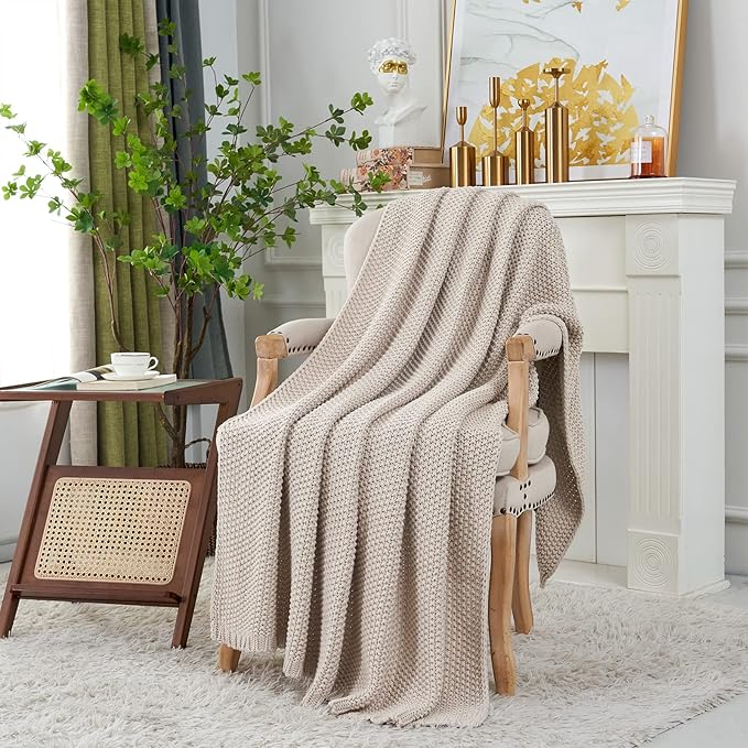 Longhui bedding Chunky Cable Knit Throw Blanket Lightweight Beige 100% Organic Cotton Blanket for Sofa Couch Bed Baby Nursery, Rustic Shabby Chic Modern Farmhouse, 60” x 80”-Ruum Studio Home