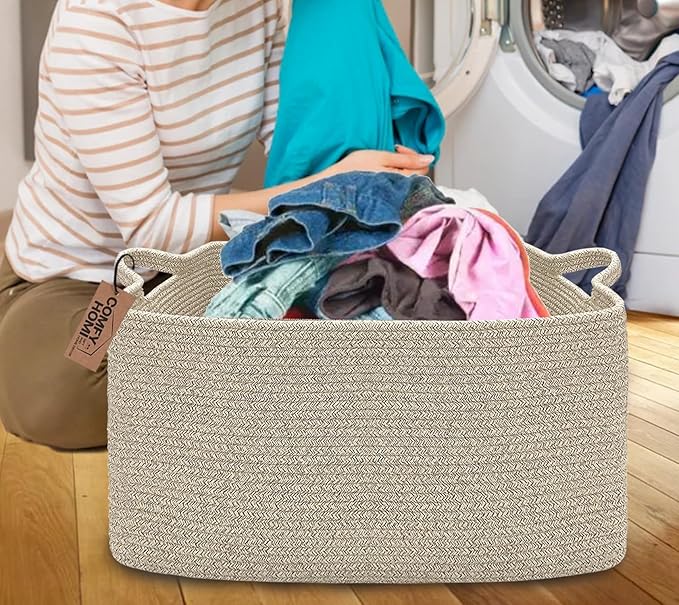 COMFY-HOMI Large Rectangular Blanket Basket, Woven Cotton Rope Baskets for Storage, Laundry Hamper Basket, Storage Bin,Toy Organizing Bin with Handle, Organization and Storage-22x15x12”-Brown-Ruum Studio Home