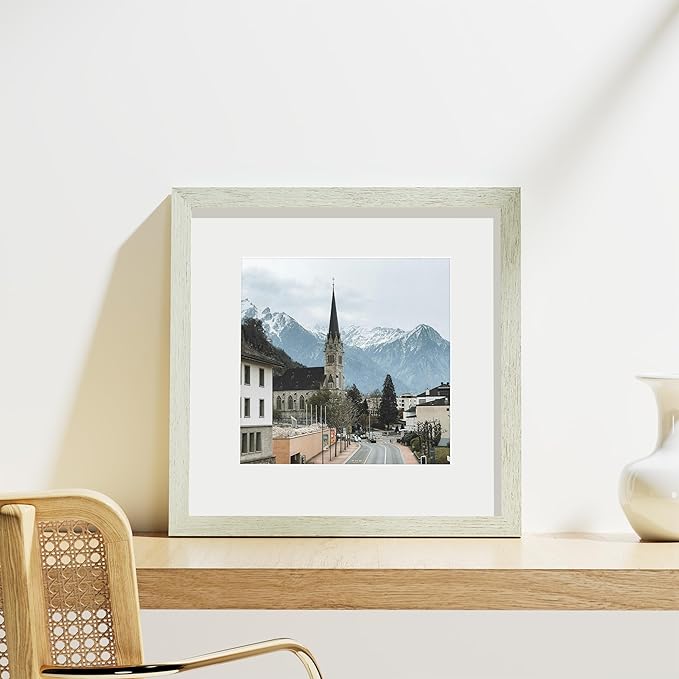 Vittanly 12x12 Picture Frames Set of 9, Shatter Resistant Plexiglass, Display 8x8 Pictures with Mat or 12x12 without Mat, Photo Frames for Wall Mount, Engineered Wood, Whitemist-Ruum Studio Home
