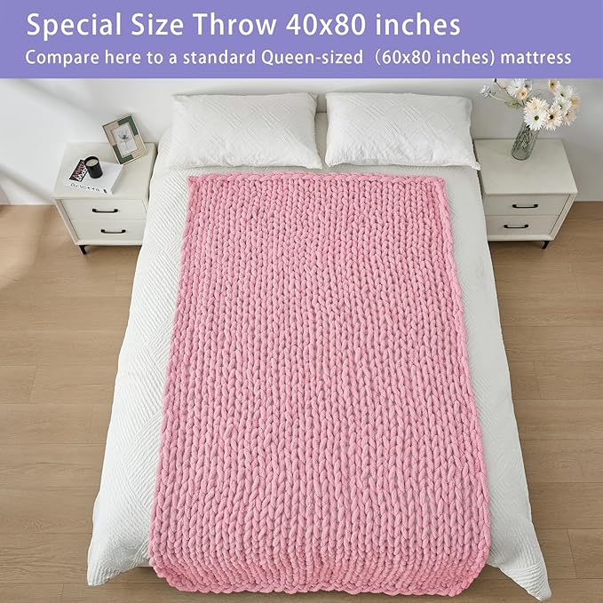 Bigacogo Chunky Knit Throw Blanket for Couch, 40x80 inches, 100% Hand Knitted with Thick Jumbo Chenille Yarn, Cozy Soft Large Rope Knot Cable Crochet Blankets for Sofa Bed Living Room, Blush Pink-Ruum Studio Home