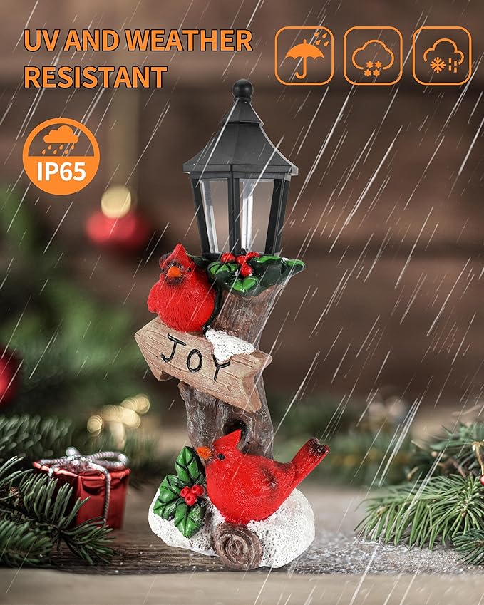 iStatue Lighted Cardinal Christmas Ornaments - 10’’ Resin 2 Red Birds Joy Lamp Post Figurine with Candle Lantern - Unique Xmas Decorations Indoor Decor Gift (Cardinal)-Ruum Studio Home