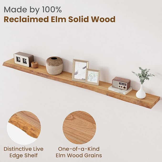 Floating Shelves for Wall Decor, Rustic Solid Elm Wood Live Edge Floating Shelves Wall Mounted, Wall Shelves with Invisible Bracket for Living Room Bathroom Bedroom Kitchen, 72 Inch, Natural-Ruum Studio Home