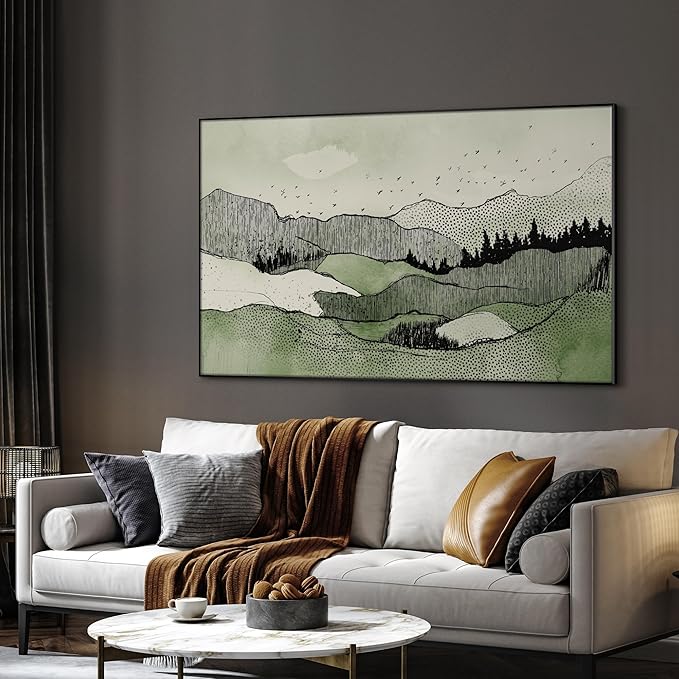 SIGNWIN 36"x60" Extra Large Framed Wall Art Green Line Art Mountain Landscape Illustration for Home Living Room Bedroom Decor (Frame Assembly Required)-Ruum Studio Home