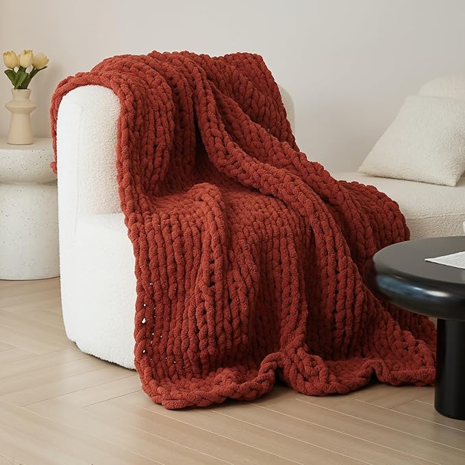 WESHIONGOO Chunky Knit Blanket Throw Knitted Throw Blankets for Couch Bed Fluffy Soft Blanket with Jumbo Chenille Yarn Thick 100% Handmade(Rust, 50"×60")-Ruum Studio Home