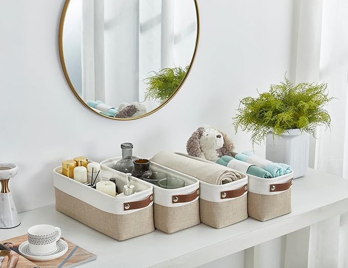 DECOMOMO Narrow Storage Bins Small Baskets for Organizing Bathroom, Toilet Tank, Towel Storage, Entryway, Gifts (Beige and White - Set of 4)-Ruum Studio Home
