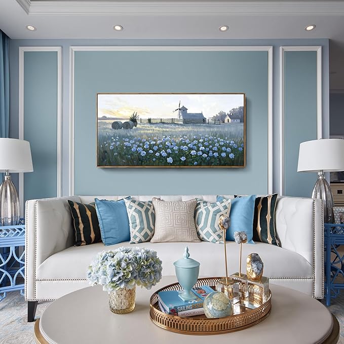 amatop Large Framed Country Landscape Wall Art – Blue Floral Canvas Art Print Vintage Rustic Farmhouse Picture Sunset Nature Artwork Wall Decor for Bedroom Dining Room Office Entryway 48x24 Inch-Ruum Studio Home
