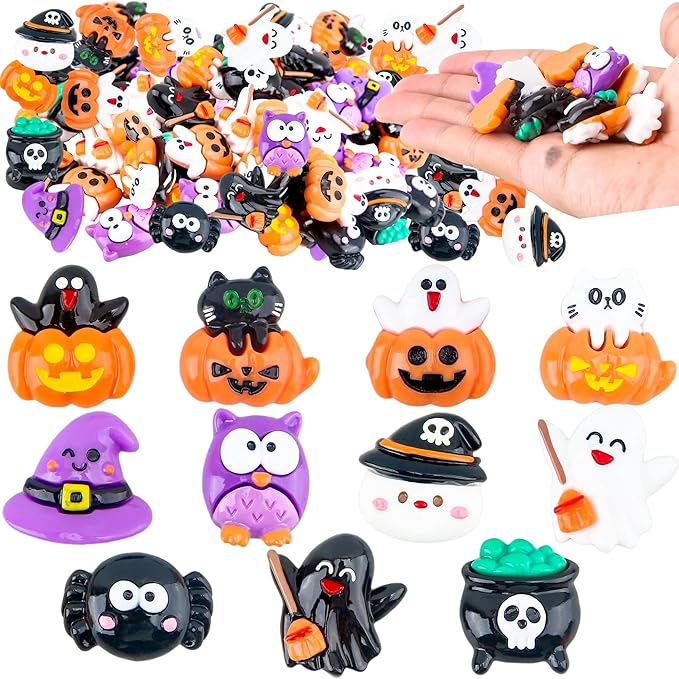 65 Pcs Mini Halloween Figurines Bulk Miniatures Resin Pumpkin Ghost Candy Hat Halloween Garden DIY Accessories for Halloween Decoration Goodie Bags Stuffers, 10 Styles-Ruum Studio Home