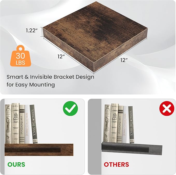 Square Floating Shelves for Wall, 12"W x 12"D x 1.2"H, Small Wooden Wall Mounted Display Shelf with Invisible Brackets for Living Room, Bedroom, Bathroom, Kitchen Decor, Set of 3, Rustic Brown-Ruum Studio Home