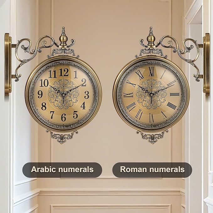 Large Vintage Double Sided Wall Clock with Glass & Metal, Roman and Arabic Numerals, Silent Non-Ticking Battery Operated Antique Clock for Living Room, Office, Hallway Decor (15x18.5 Inch)-Ruum Studio Home