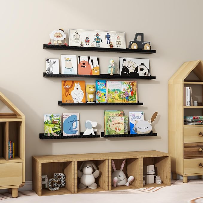 Floating Picture Ledge Shelves 48 Inch Solid Oak Wood Set of 2, Rustic Wall Storage Shelves with Lip, Kids Bookshelf, Photo & Picture Ledge Shelves for Bedroom, Living Room, Kitchen-Ruum Studio Home