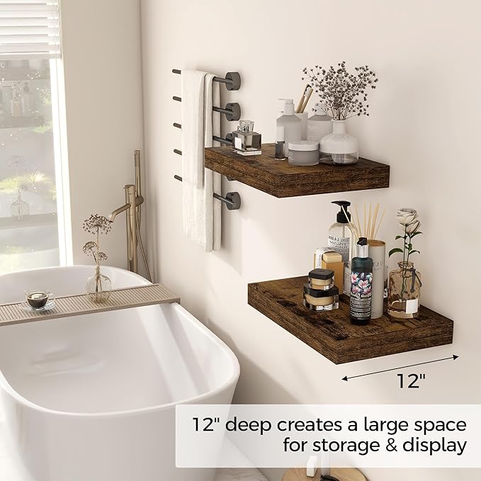 12 Inch Deep Floating Shelves, 16 x 12 Floating Shelf for Books, Rustic Wood Deep Wall Shelves for Home Storage & Display, 2" Thicked Shelves for Kitchen, Living Room, Bedroom, Rustic Brown, 2 Pack-Ruum Studio Home