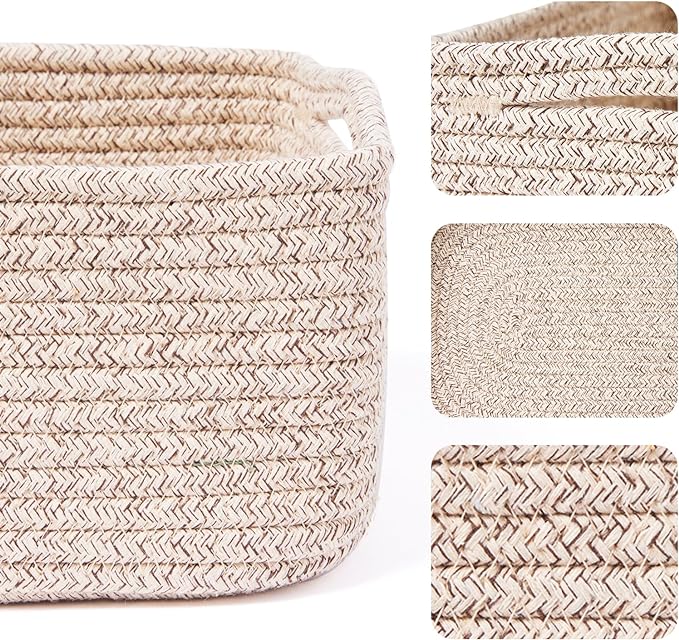 Small Storage Baskets for Organizing | Closet Organizer Bins | Shelf Toy Basket | Woven Rope Baskets | Cube Decorative Box | Shallow Basket | 13x8.5x5.1” | 3 Packs Mixed Brown-Ruum Studio Home