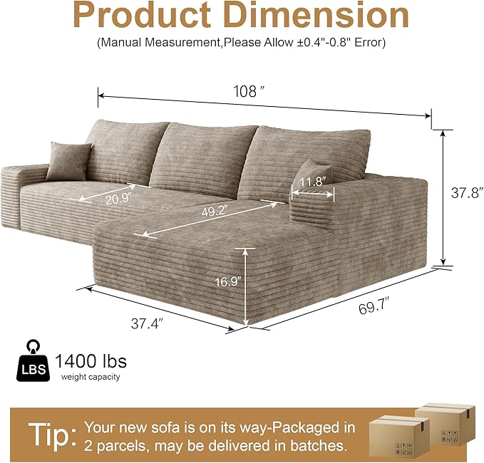 108" Sectional Couches for Living Room Modern Modular Sofa with L-Shape Couchs Upholstered Boneless Couch Deep Seat Sectional Couch with Chaise (Camel, Right Facing Chaise+2Seaters)-Ruum Studio Home
