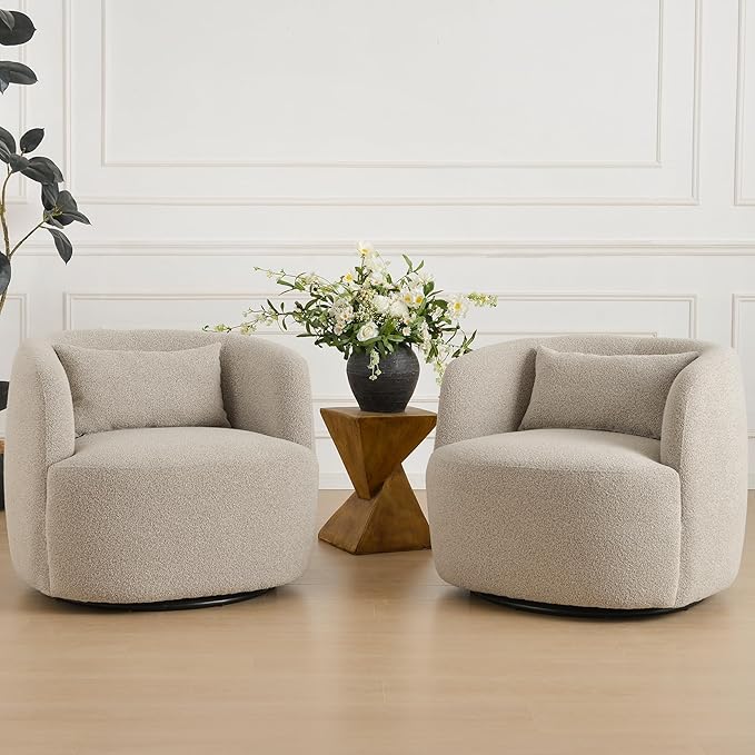 KINWELL 34" Wide Sherpa Swivel Barrel Chairs Set of 2, No Assembly Round Boucle Upholstered Accent Chairs Armchairs Single Sofa Chair with Toss Pillow for Living Room and Bedroom, Taupe-Ruum Studio Home