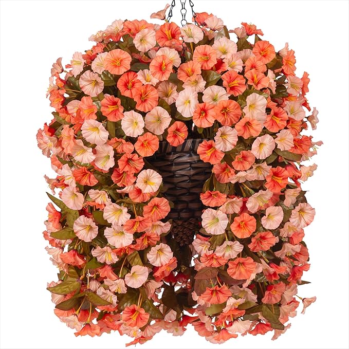 Artificial Fake Fall Hanging Flowers Plants Basket for Outdoor Autumn Decoration, Faux Silk Morning Glory Long Vines Realistic UV Resistant for Outside Home Porch Garden (Fall Orange+Light Orange)-Ruum Studio Home