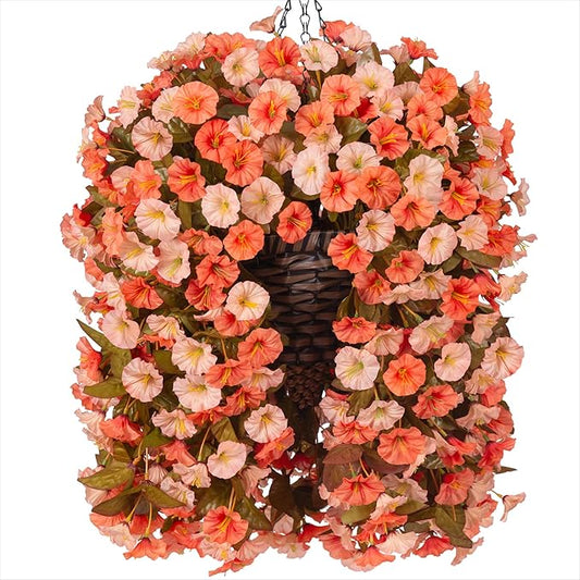 Artificial Fake Fall Hanging Flowers Plants Basket for Outdoor Autumn Decoration, Faux Silk Morning Glory Long Vines Realistic UV Resistant for Outside Home Porch Garden (Fall Orange+Light Orange)-Ruum Studio Home