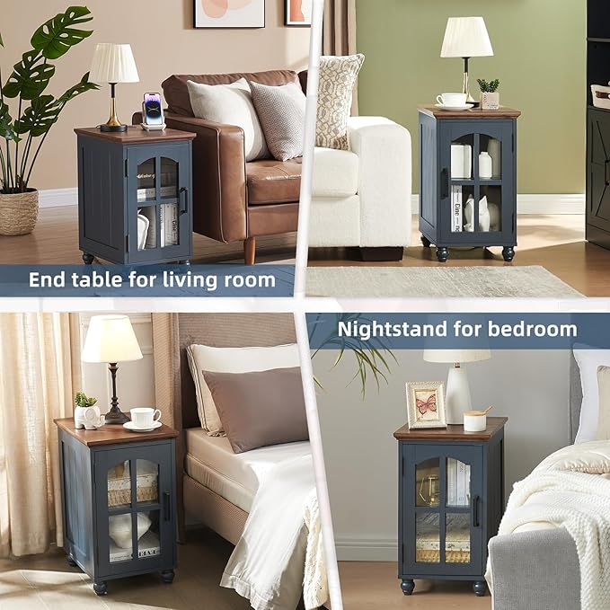 Narrow Side Table,Farmhouse Nightstand with Charging Station,Wood End Table with Glass Barn Door Storage, Cabinet Organizer with Adjustable Shelf, Night Stand for Small Spaces for Living Room Bedroom-Ruum Studio Home