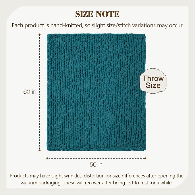 Carriediosa Chunky Knit Throw Blanket 50" X 60", 100% Hand Made Large Chenille Loop Yarn Soft Fluffy Throws for Couch Sofa Bed, Big Crochet Cozy Heavy Thick Cable Woven Blankets, Teal-Ruum Studio Home
