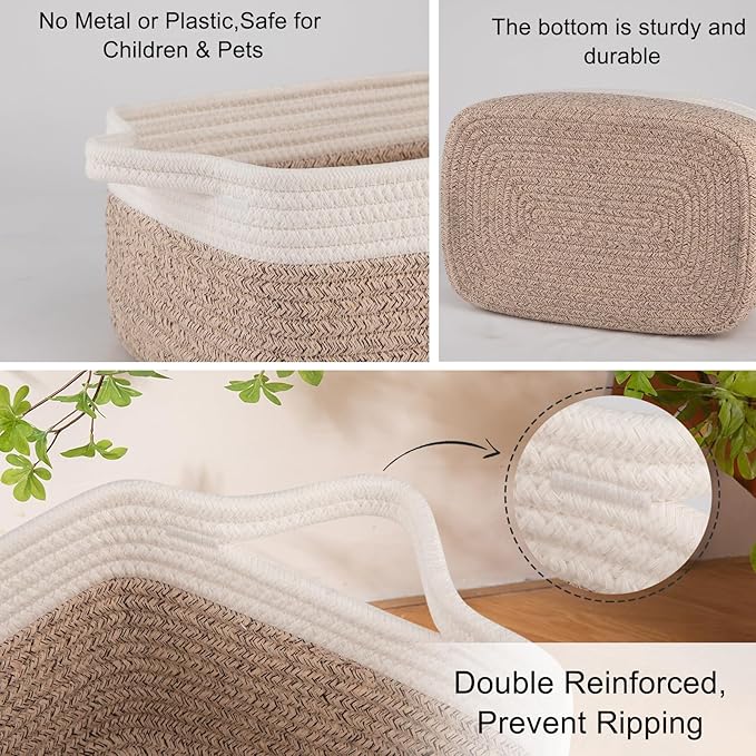 OIAHOMY 3 Pack Storage Baskets for Organizing, Woven Cotton Rope Basket for Shelves, Closet Organizer Bins with Handles, Rectangle Toy Organization, 13.78''×9.84''×5.5'', Brown & White-Ruum Studio Home