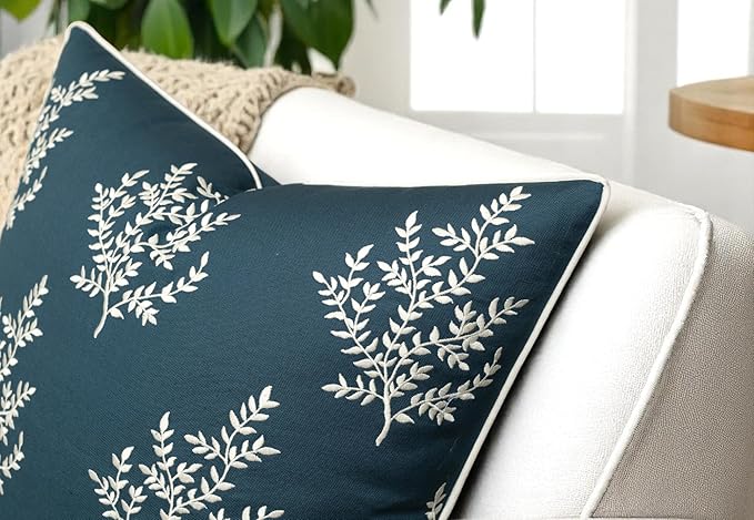 VAGMINE Embroidered Leaves Throw Pillow Cover - 20x20 Inches Square - 100% Cotton Teal Decorative Cushion Cover - Luxurious Embroidery Pattern - Vibrant Boho Accent for Sofa, Bed, Chair, Living Room-Ruum Studio Home