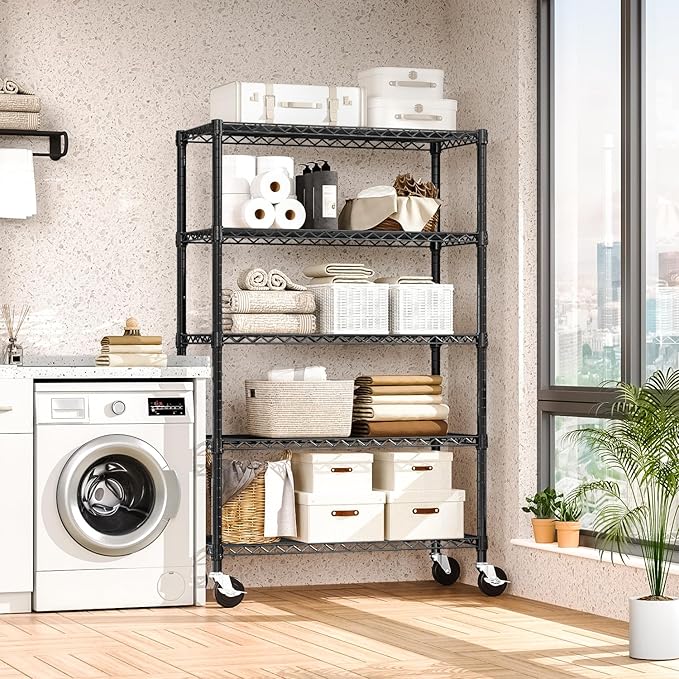 5-Shelf Storage Shelves,Wire Shelving Heavy Duty Metal Storage Shelving Unit Adjustable Garage Shelving Rack Pantry Kitchen (Black, 5 Tier,17.7" D x 47.2" W x 76.7" H)-Ruum Studio Home