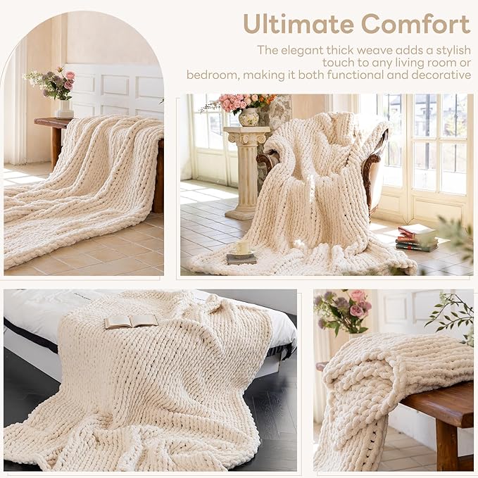 Chunky Knit Blanket - Luxury Soft Cozy50 * 60 Throw Blanket,100% Woven Blanket Rope Knot Throw Blanket for Couch, Sofa, Home Decor, Gift - Machine Washable（Cream）-Ruum Studio Home