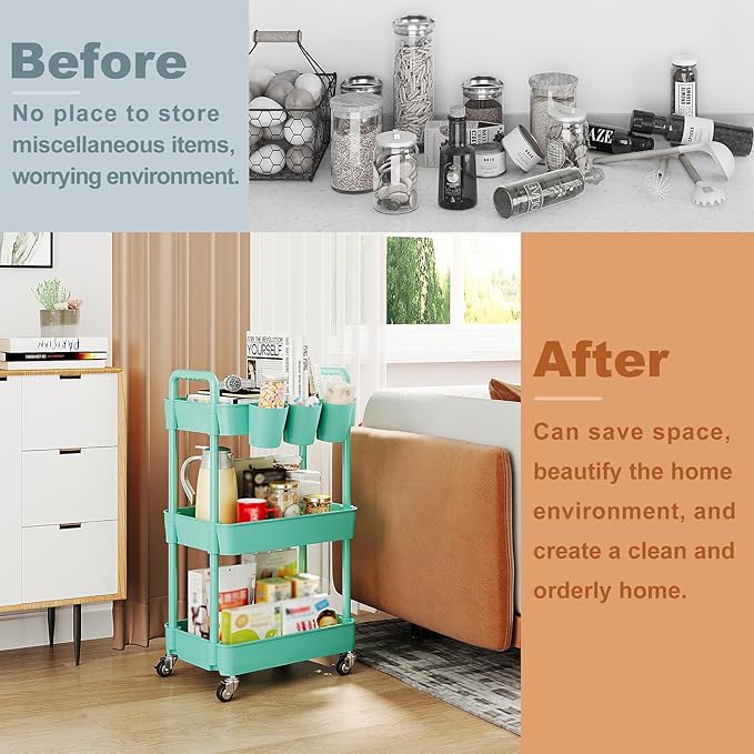 UDEAR 3-Tier Rolling Utility Cart,Multifunctional Storage Shelves with Handle and Lockable Wheels for Room,Office,Kitchen,Bathroom,with 3 Hanging Cups,Green-Ruum Studio Home