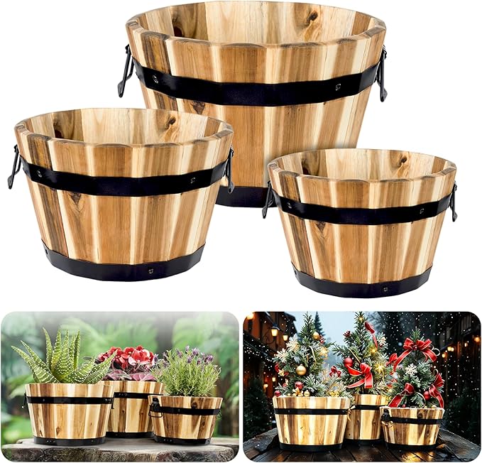 Idzo Set of 3 Wooden Flower Boxes Outdoor, Durable Acacia Wood Barrel Planters for Outdoor Plants with Ergonomic Handles, Drainage Holes, Multiple Sizes Wood Bucket Planter for Home Decor-Ruum Studio Home