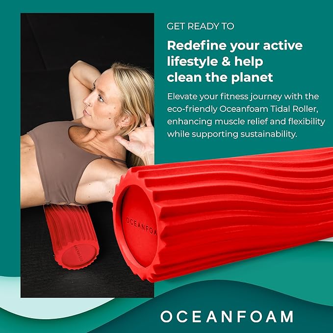 Oceanfoam Tidal Roller - Red - Muscle Massage Foam Roller for Back Pain & Stretching - Firm and Ergonomic Wide Wave Textured - Yoga, Athletics, & Wellness - Full Size, 20" x 5"-Ruum Studio Home