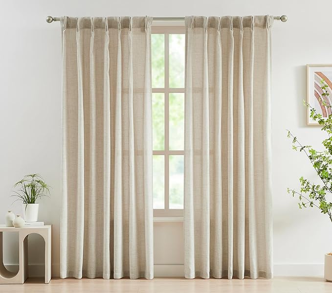 FMFUNCTEX Pinch Pleated Curtains 84 Inches Long for Living Room, Beige Semi Sheer Faux Linen Textured Pleat Drapes for Bedroom with Hooks, Light Filtering Neutral Farmhouse Window Drapes 2 Panels-Ruum Studio Home