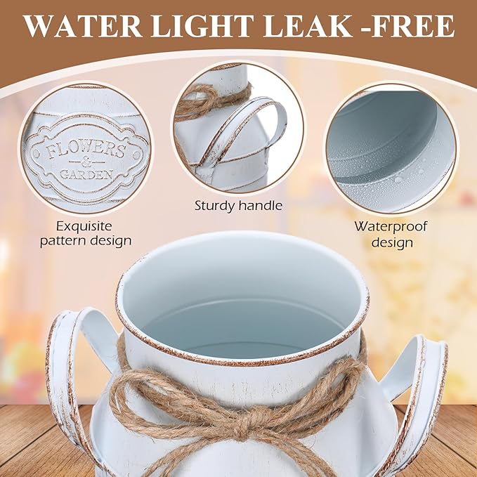 6 Inch Farmhouse Vase Decor Milk Can Vintage Flower Jug Galvanized Metal Vase with Handle Rustic Flower Buckets for Thanksgiving Christmas Table Centerpiece Weddings Gifts(Retro White,2 Pcs)-Ruum Studio Home