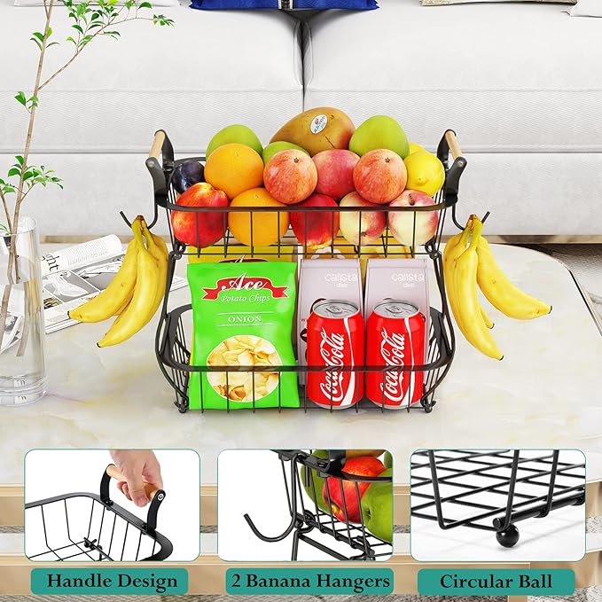 ANTOPY 2 Tier Fruit Basket with 2 Banana Hangers, Countertop Fruit Vegetable Basket Bowl for Kitchen Counter Metal Wire Fruits Storage Stand Holder Organizer for Bread Snack Veggies Produce-Ruum Studio Home