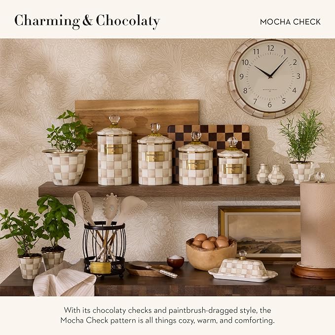 MACKENZIE-CHILDS Enamel Herb Pots, Small Plant Pots for Herbs or Flowers, Set of 3, Brown-and-White Mocha Check-Ruum Studio Home