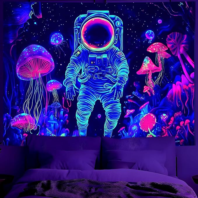 BVBOX Astronaut Space Blacklight Tapestry 79"x59", UV Reactive Astronaut Mushroom Forest Universe Galaxy Planet Glow in Dark Tapestries, Black Light Neon Upright Poster Wall Hanging Backdrop Decor for Bedroom Living Room-Ruum Studio Home