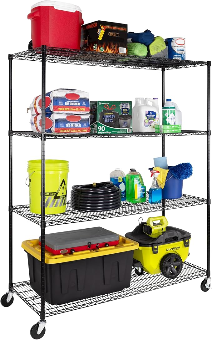 Seville Classics UltraDurable Heavy Duty NSF Solid Steel Wire Rack Storage Unit, Organizer for Garage, Warehouse, Office, Restaurant, Classroom, Kitchen, Black, 4-Tier Shelving, 60" W x 24" D-Ruum Studio Home