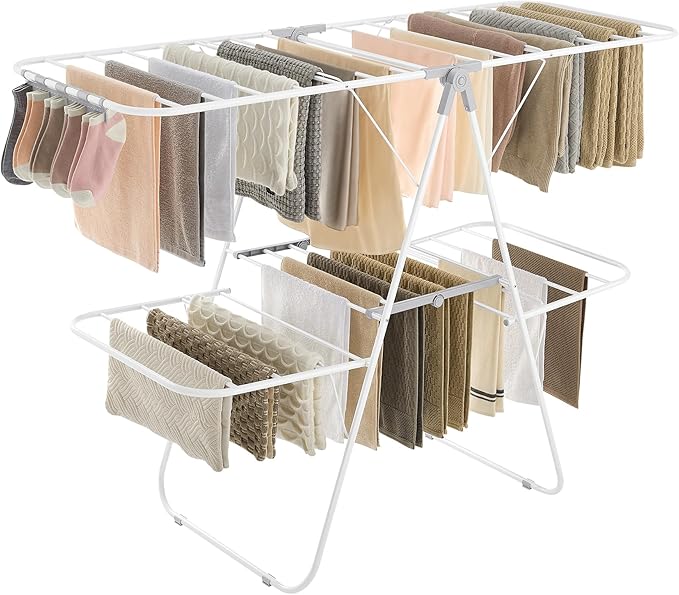 SONGMICS Clothes Drying Rack, Foldable 2-Level Laundry Drying Rack, Free-Standing Laundry Airer, with Height-Adjustable Wings, 33 Drying Rails, Sock Clips, White and Gray ULLR053G01V1-Ruum Studio Home