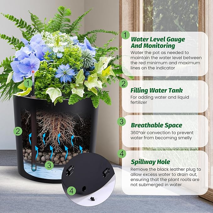 Tall Round Planter Set of 2, 19.5‘’ H x 19.9" Dia Large Planters for Indoor Plants with Built-in Drainage and a Water Level Monitor and Wheels for Patio, Porch, Living Room, or Home Office, Black-Ruum Studio Home