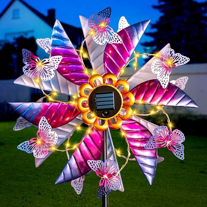 Solar Wind Spinner Outdoor, 360° Metal Large Butterflies Wind Sculpture with Outdoor Kinetic Windmills with Vine String LED Lights for Decor Garden Patio, Lawn & Yard-Ruum Studio Home