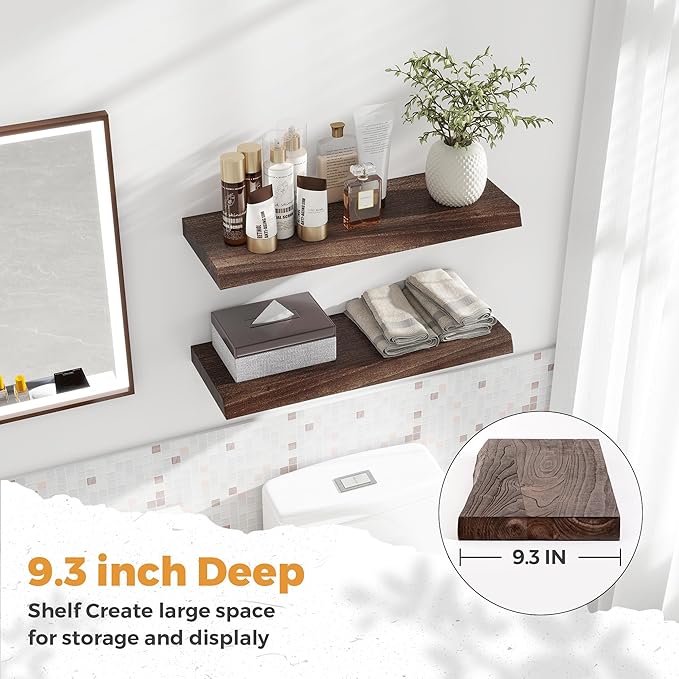 RICHFOCUS Live Edge Elm Floating Shelves - 24" W x 9.3" D Rustic Solid Wood Wall Shelves with Invisible Bracket, Wall-Mounted for Living Room, Bedroom, Kitchen Storage & Display, Set of 2, Walnut-Ruum Studio Home