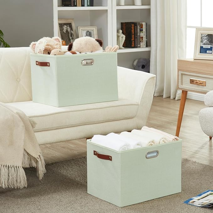 3-Pack Foldable Fabric Storage Bins with Durable PU & Metal Handles, Collapsible Storage Baskets for Shelves, Home Storage, Closet Organizers, Living Room(17"x11.8"x11.8", Sage Green)-Ruum Studio Home