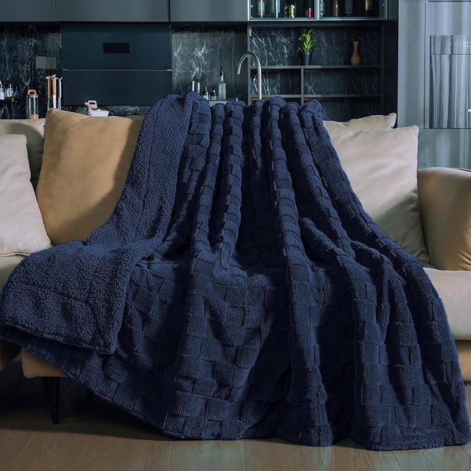 Pawque Super Soft Cozy Throw Blanket King Size for Couch Bed, Fluffy Sherpa Fleece Reversible Thick Warm Fuzzy Blanket for All-Season, 3D Checkered Jacquard Decorative Blankets, Navy Blue, 108"x90"-Ruum Studio Home