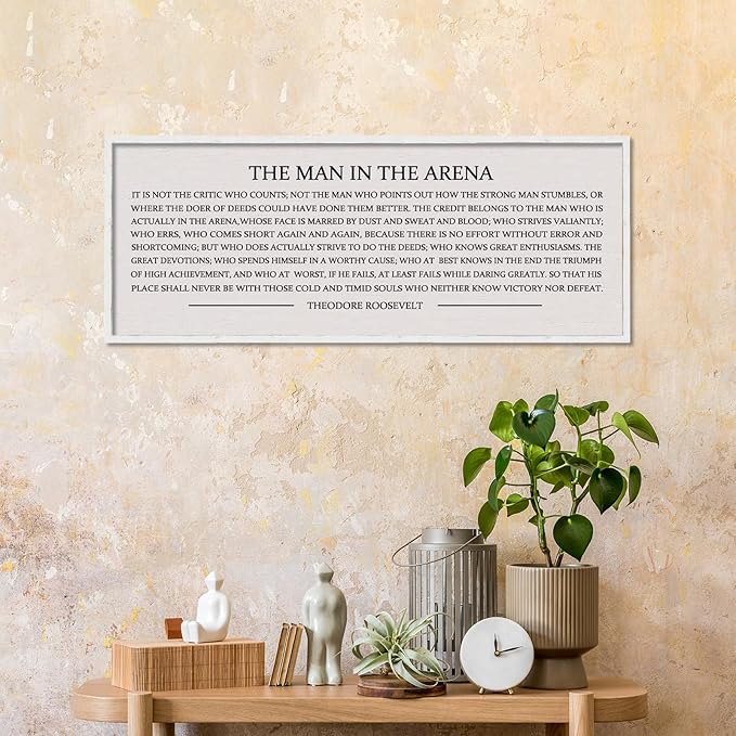 LuZhiQiang The Man in the Arena Wall Decor 40''x15'' Inspirational Quotes Office Wood Framed Sign Rustic Home Motivational Art For Man Entrepreneur Morden Living Room Wall Hanging Decor (White)-Ruum Studio Home