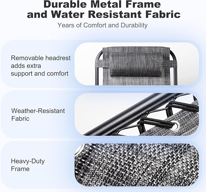 Nazhura Set of 2 Relaxing Recliners Patio Chairs Adjustable Steel Mesh Zero Gravity Lounge Chair Beach Chairs with Pillow and Cup Holder(Grey)-Ruum Studio Home